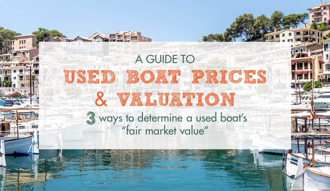 boats in a marina with text: "A guide to used boat prices & valuation: 3 ways to determine a used boat's "fair market value""