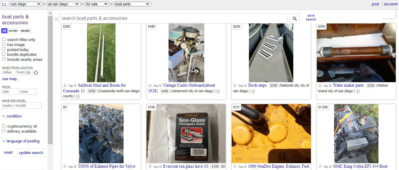 a screenshot of craigslist search results showing used boat parts for sale