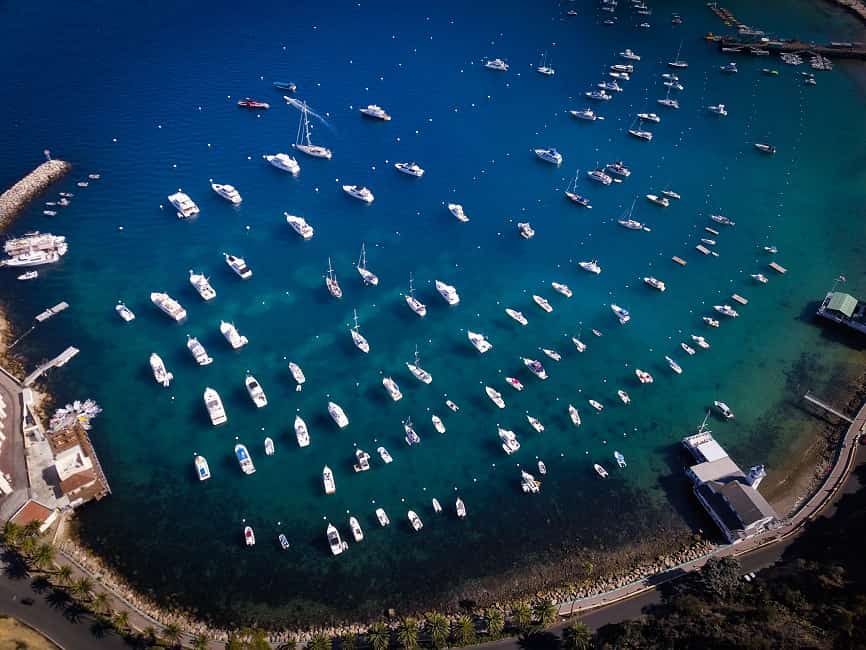 aerial shot of boats in a mooring field