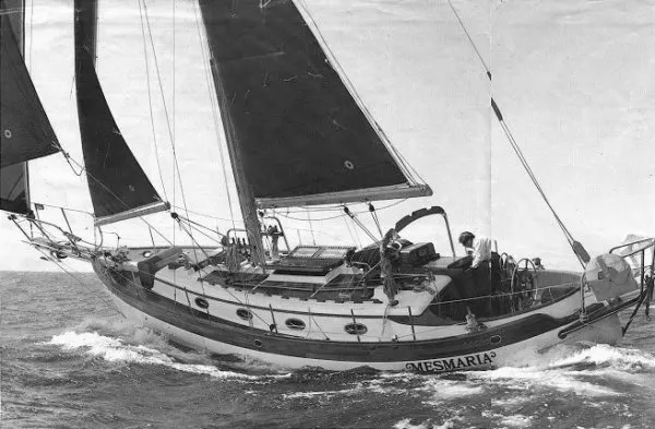 Black and white photo of Hans Christian 38T Sailboat