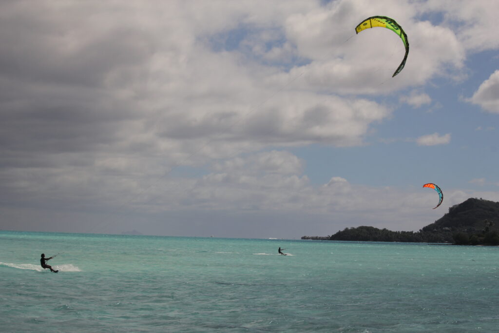 Two people kiteboarding in Bora Bora