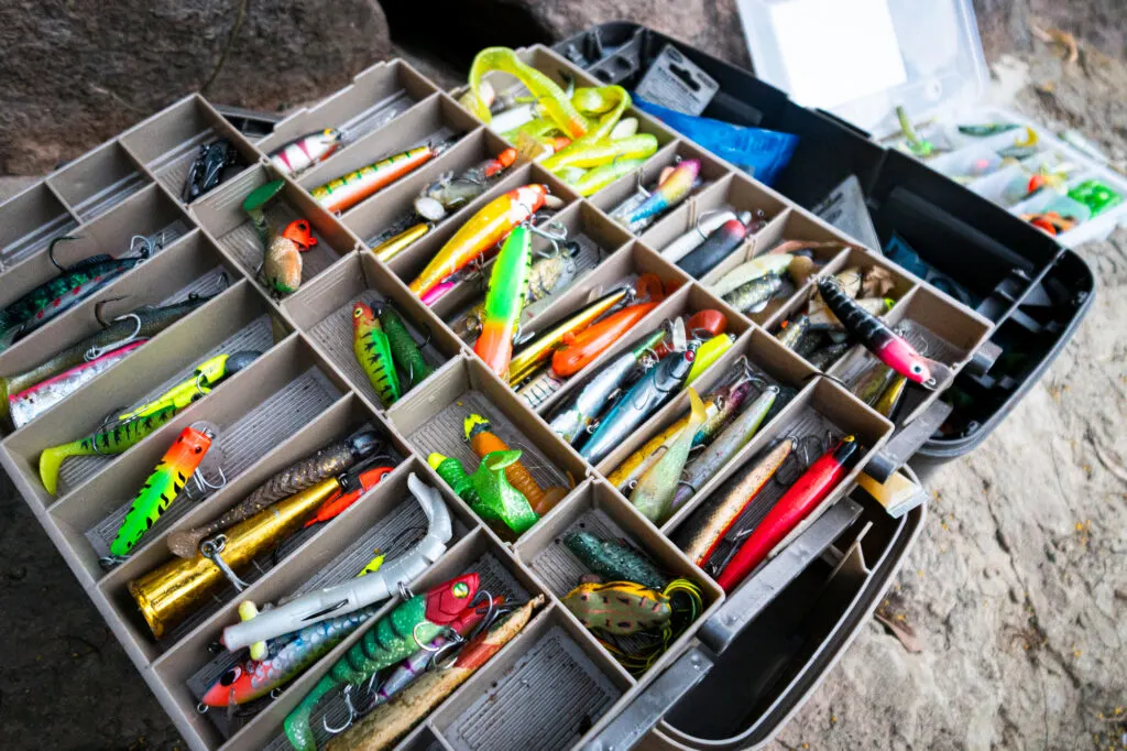 Box of colorful fishing lures