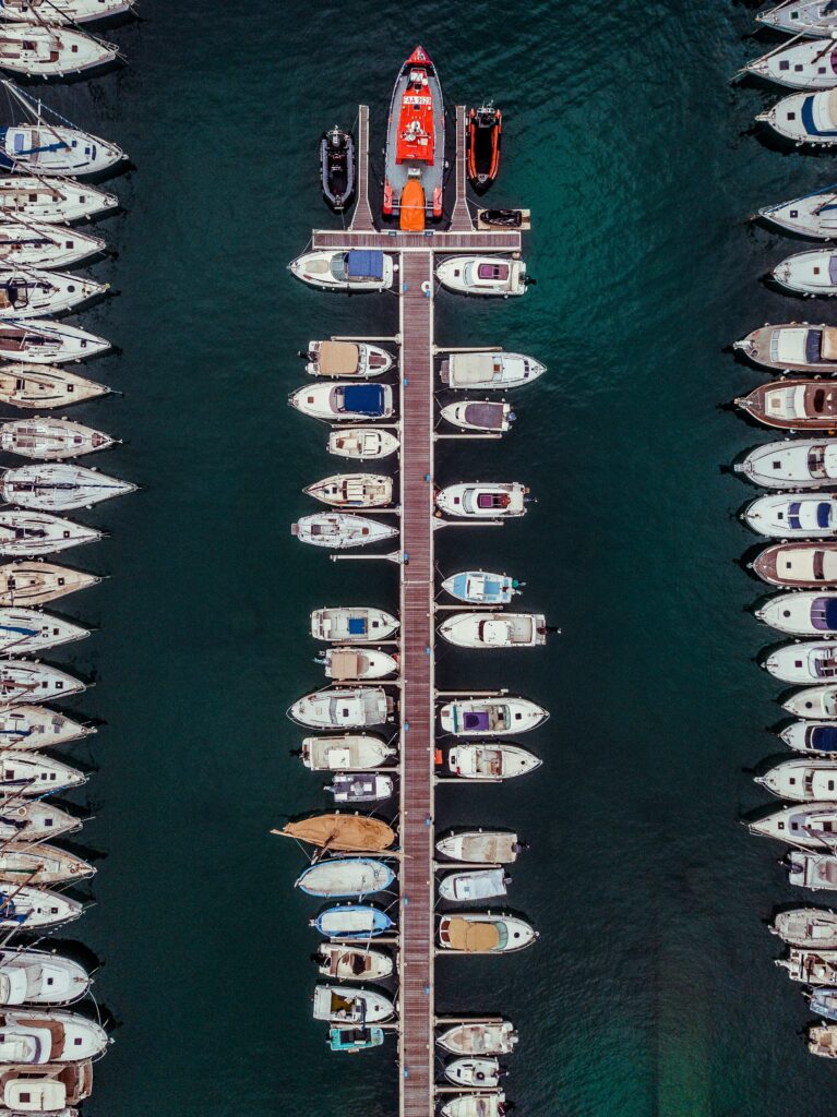 Aerial shot of boats at a marina